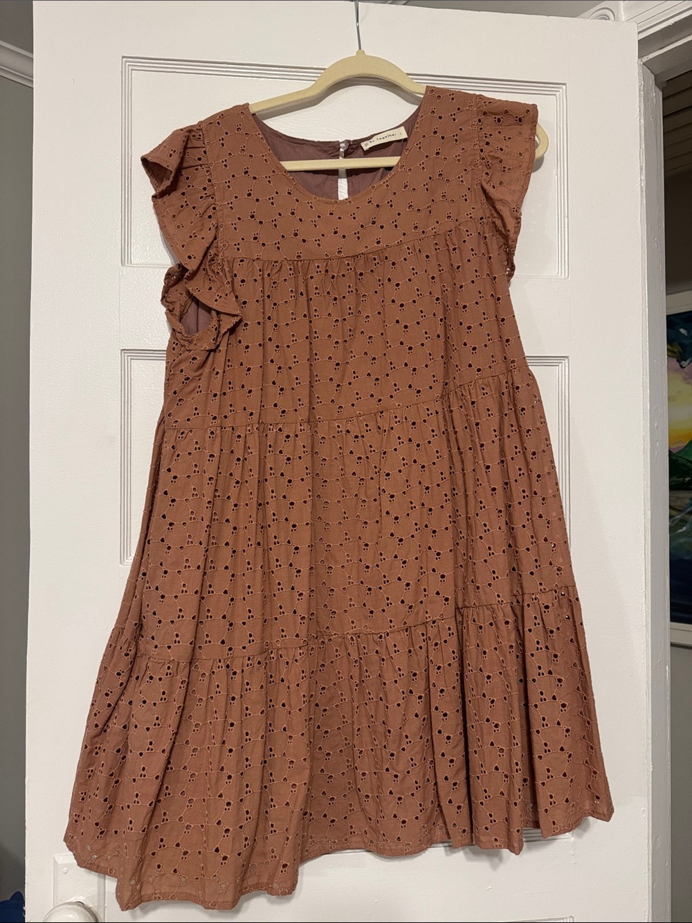 By Together Tiered Eyelet Dress in Rust with Ruffle Sleeve L